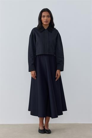 Genova Kadife Yakalı Gabardin Ceket- Lacivert