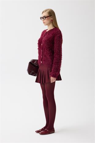Giselle Tüylü Kalp Düğmeli Hırka - Bordo 