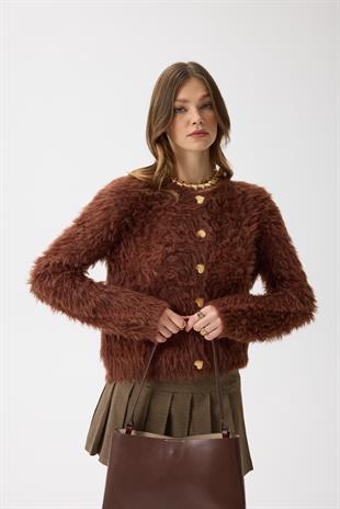 Giselle Tüylü Kalp Düğmeli Hırka - Kahverengi