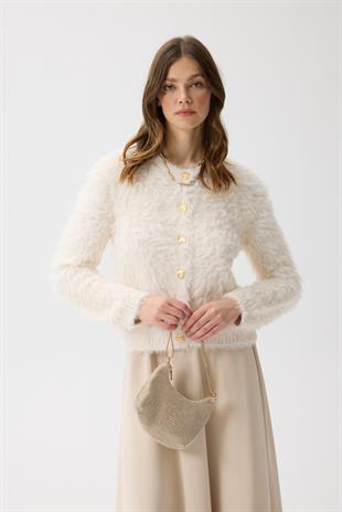 Giselle Tüylü Kalp Düğmeli Hırka - Krem