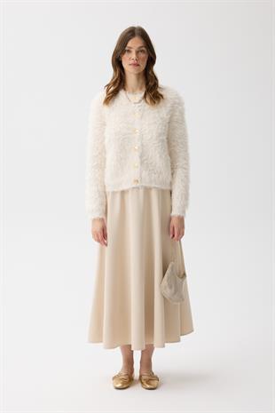 Giselle Tüylü Kalp Düğmeli Hırka - Krem
