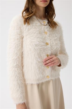 Giselle Tüylü Kalp Düğmeli Hırka - Krem