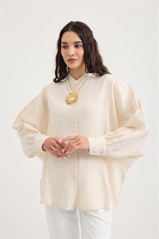 Gloria Dokulu Oversize Gömlek - Krem 