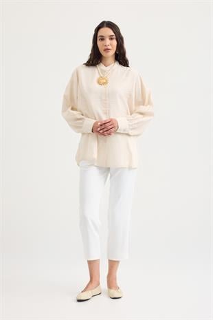 Gloria Dokulu Oversize Gömlek - Krem 