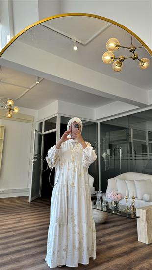 GOLD VİSCON ELBİSE - BEYAZ 