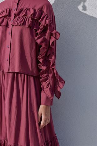 Grace Fırfırlı Pamuk Vual Gömlek- Bordo