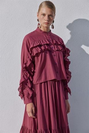 Grace Fırfırlı Pamuk Vual Gömlek- Bordo