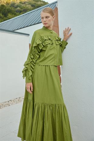 Grace Fırfırlı Pamuk Vual Gömlek -Elma Yeşil