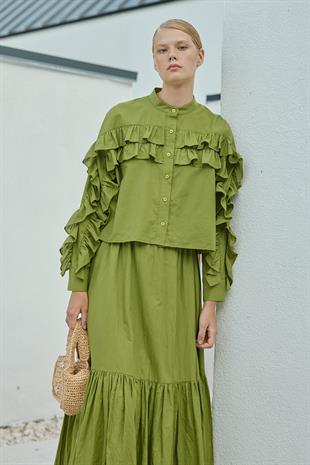 Grace Fırfırlı Pamuk Vual Gömlek -Elma Yeşil