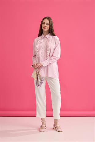 Hailey Güpürlü Fırfırlı Gömlek - Pembe