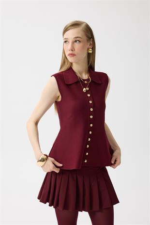 Harper Çelik Örme Düğmeli Yelek - Bordo 