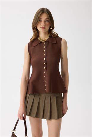 Harper Çelik Örme Düğmeli Yelek - Kahverengi 
