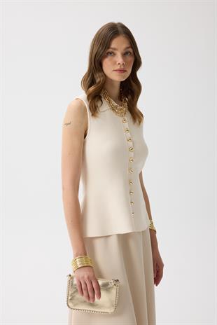 Harper Çelik Örme Düğmeli Yelek - Krem 