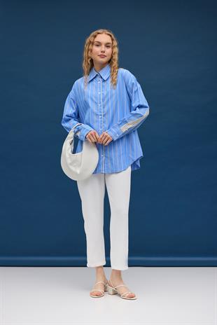 Hazel Güpür İşlemeli Gömlek- İndigo mavi