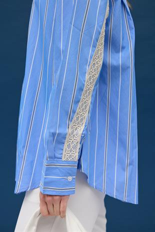 Hazel Güpür İşlemeli Gömlek- İndigo mavi