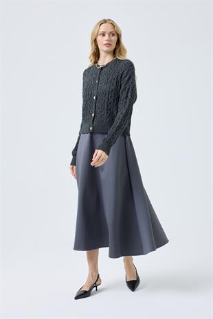 Hazel Saç Örgülü Gold Düğmeli Hırka - Antrasit 