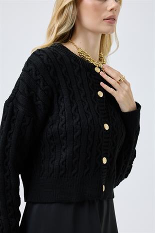 Hazel Saç Örgülü Gold Düğmeli Hırka - Siyah