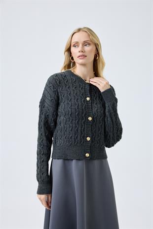 Hazel Saç Örgülü Gold Düğmeli Hırka - Antrasit 