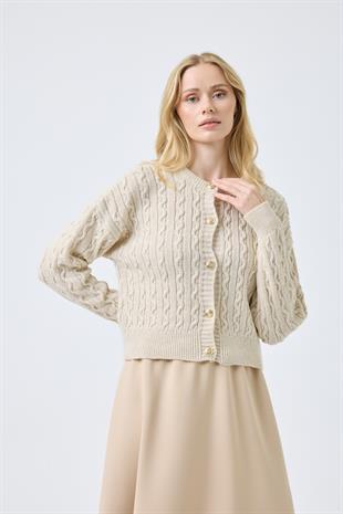 Hazel Saç Örgülü Gold Düğmeli Hırka - Bej 