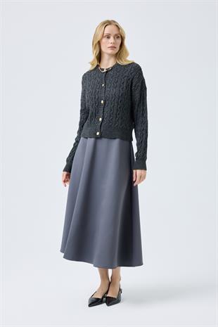 Hazel Saç Örgülü Gold Düğmeli Hırka - Antrasit 