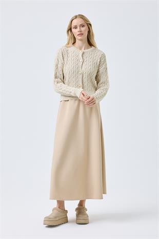 Hazel Saç Örgülü Gold Düğmeli Hırka - Bej 