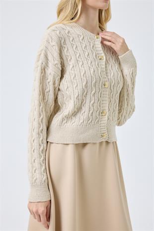 Hazel Saç Örgülü Gold Düğmeli Hırka - Bej 