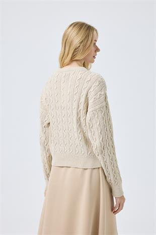 Hazel Saç Örgülü Gold Düğmeli Hırka - Bej 