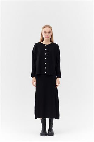 ICON GOLD DÜĞME DETAYLI FİTİLLİ ETEKLİ TAKIM - SİYAH