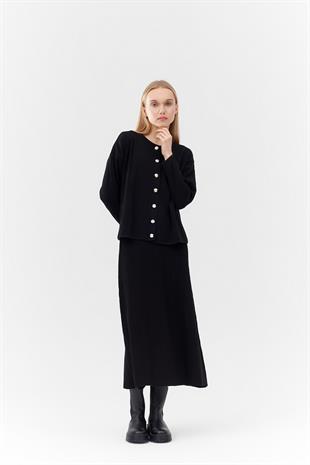 ICON GOLD DÜĞME DETAYLI FİTİLLİ ETEKLİ TAKIM - SİYAH