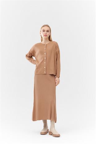 ICON GOLD DÜĞME DETAYLI FİTİLLİ ETEKLİ TAKIM - CAMEL