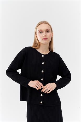 ICON GOLD DÜĞME DETAYLI FİTİLLİ ETEKLİ TAKIM - SİYAH