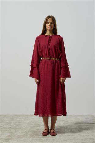 Ida Volanlı Damla Yaka Elbise - Bordo