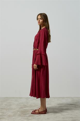 Ida Volanlı Damla Yaka Elbise - Bordo