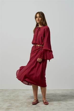 Ida Volanlı Damla Yaka Elbise - Bordo