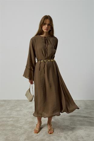 Ida Volanlı Damla Yaka Elbise - Haki