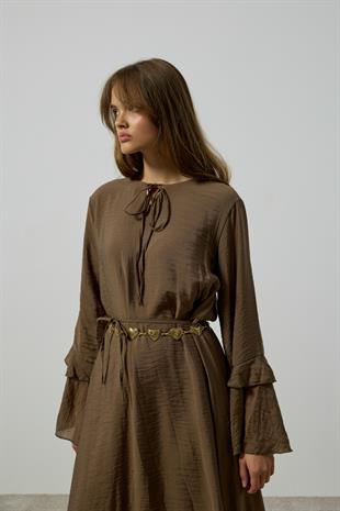 Ida Volanlı Damla Yaka Elbise - Haki