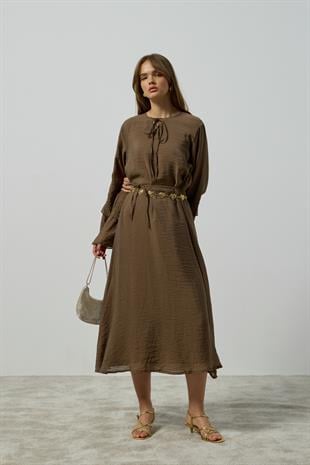 Ida Volanlı Damla Yaka Elbise - Haki