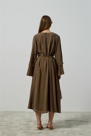 Ida Volanlı Damla Yaka Elbise - Haki