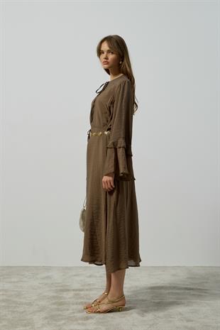 Ida Volanlı Damla Yaka Elbise - Haki