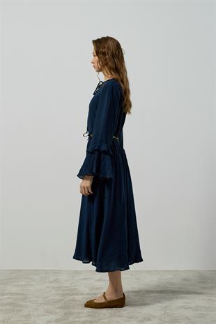 Ida Volanlı Damla Yaka Elbise - Lacivert