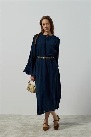 Ida Volanlı Damla Yaka Elbise - Lacivert