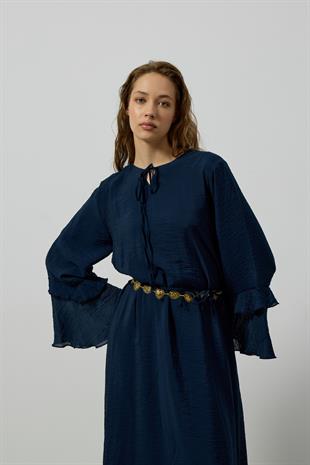 Ida Volanlı Damla Yaka Elbise - Lacivert