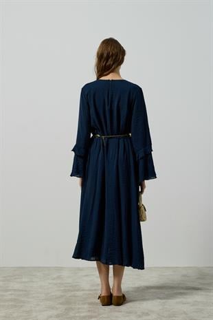 Ida Volanlı Damla Yaka Elbise - Lacivert