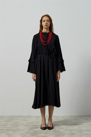 Ida Volanlı Damla Yaka Elbise - Siyah
