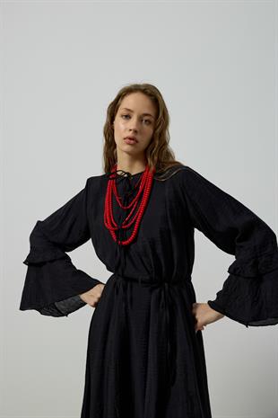 Ida Volanlı Damla Yaka Elbise - Siyah