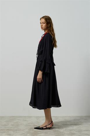 Ida Volanlı Damla Yaka Elbise - Siyah