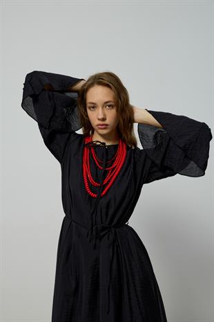 Ida Volanlı Damla Yaka Elbise - Siyah