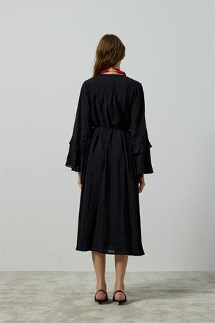 Ida Volanlı Damla Yaka Elbise - Siyah