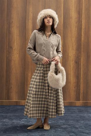 İdil Ekose Parçalı Etek - Bej 