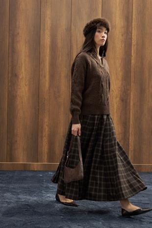 İdil Ekose Parçalı Etek - Kahverengi 